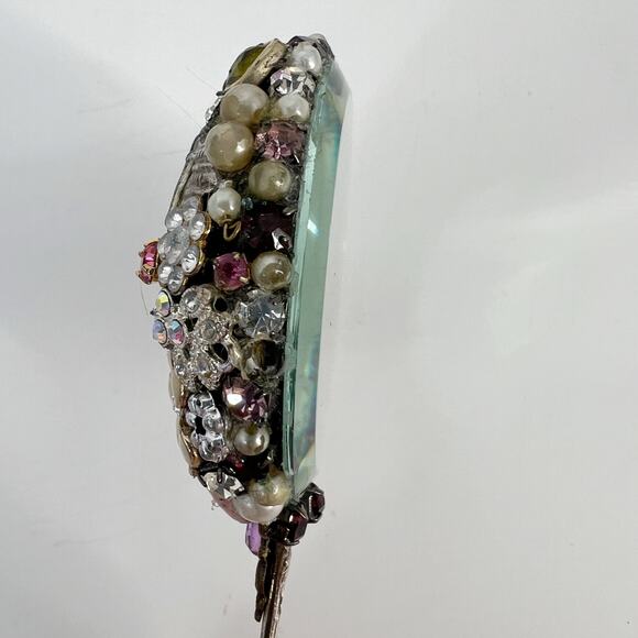 Handcrafted Bejeweled Handheld Mirror Miniature Ladies Mosaic Jewelry Beveled 5" - Picture 6 of 12